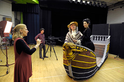 Guest director Candace Evans, left, works with Joseph Mace in the role of Voltaire and Laura Thoreson in the role of Old Lady during IU Opera Theater's production of "Candide." Evans will return to IU Opera Theater for "Akhnaten," a new production set to open Feb. 22, 2013.